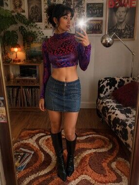 Vintage Y2K Blue Crop Top Red Velvet Flocked Stretch Sheer Size L Mock Neck